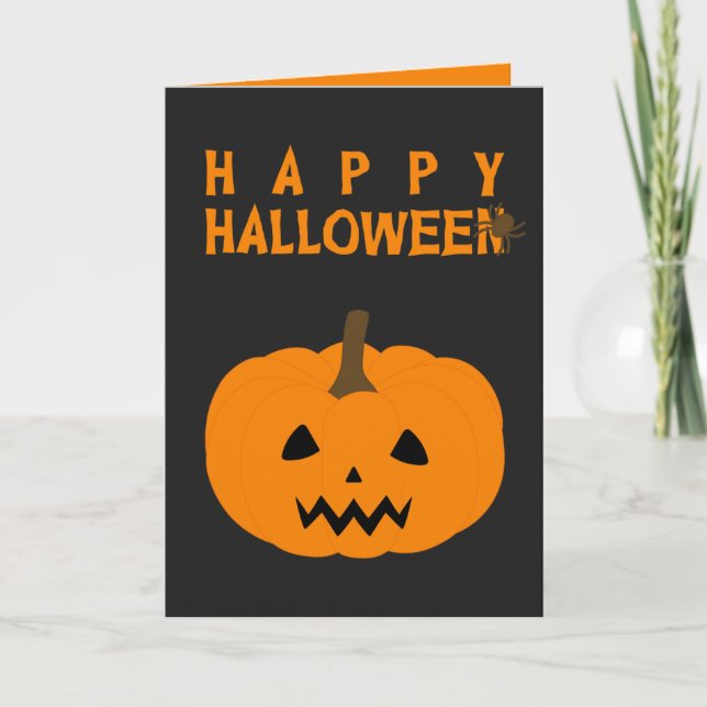 Tarjeta Feliz texto de Halloween y calabaza en negro (Anverso)