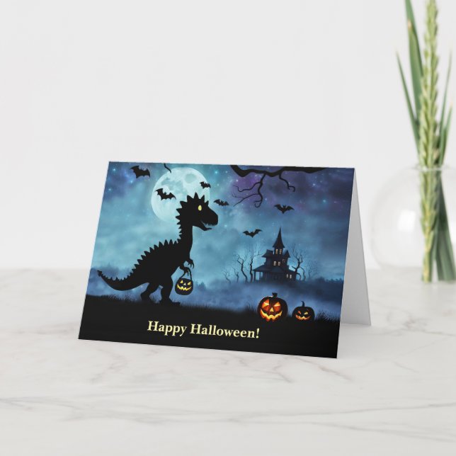 Tarjeta Feliz truco de Halloween o tratamiento de dinosaur (Anverso)