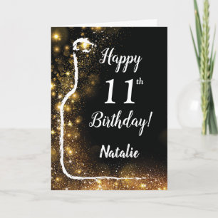 Tarjeta Feliz undécimo cumpleaños Purpurina de oro y negro