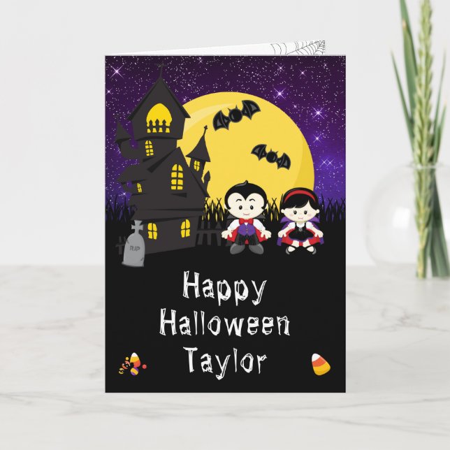 Tarjeta Feliz Vampiros de Halloween morado (Anverso)