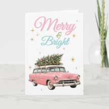 Feliz y Brillante Coche Retro Rosa Navidad Vintage