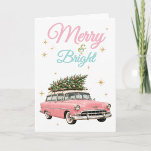 Tarjeta Feliz y Brillante Coche Retro Rosa Navidad Vintage
