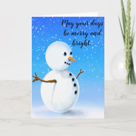 Tarjeta Feliz y brillante muñeco de nieve en el cielo azul