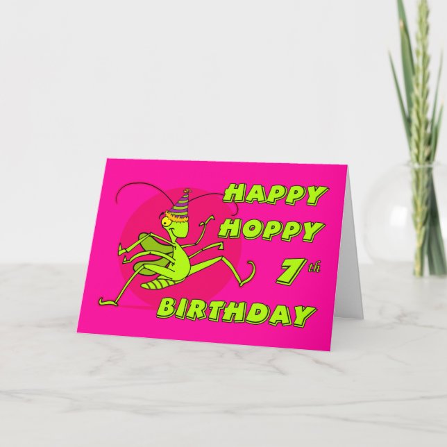 Tarjeta Feliz y Saltarín Séptimo Cumpleaños con Saltamonte (Anverso)