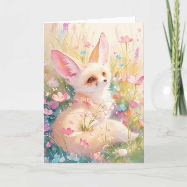 Tarjeta Fennec Fox descansa en un prado floreciente (Anverso)