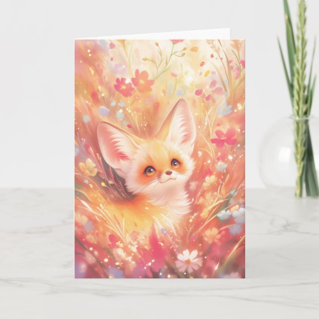 Tarjeta Fennec Fox está rodeado de flores de atardecer (Anverso)