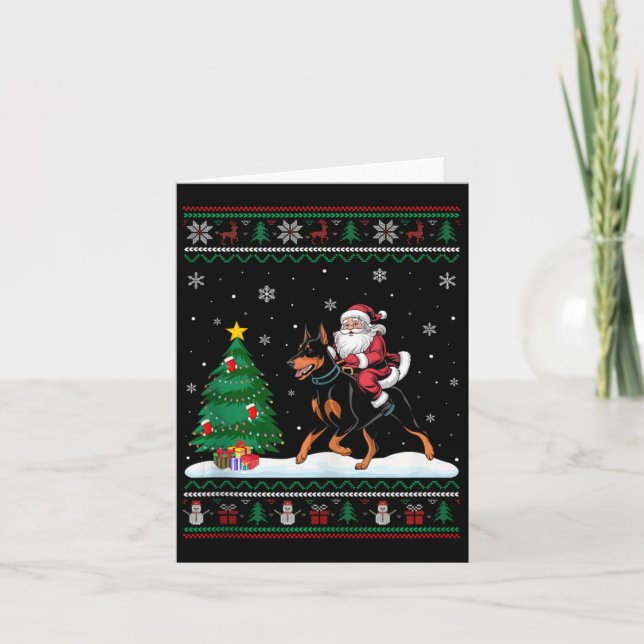 Tarjeta Feo árbol de Navidad luz Santa Riding Doberman Pi (Anverso)