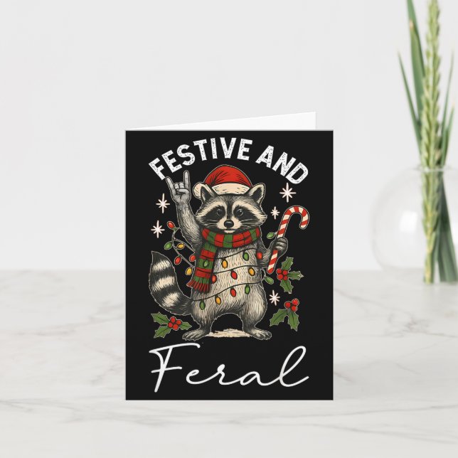 Tarjeta Feral And Festive Raccoon Santa Hat Christmas Ligh (Anverso)