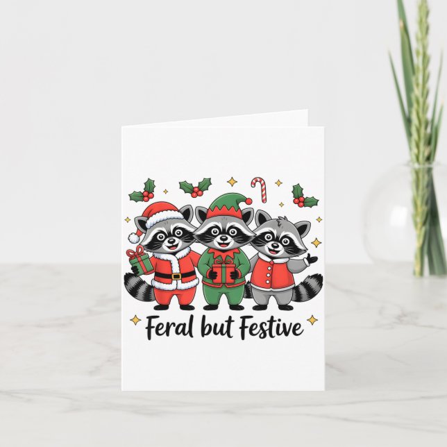 Tarjeta Feral But Festive Funny Christmas Cute Raccoon Elf (Anverso)