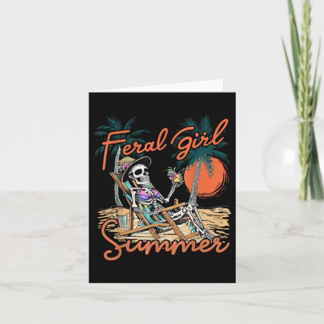 Tarjeta Feral Chica Summer Funny Meme Skeleton Hawaii Beac (Anverso)