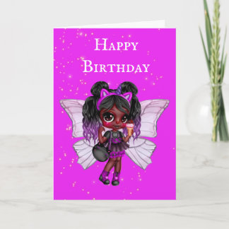 Tarjeta Feria rosa, cumpleaños lindo chica afroamericano