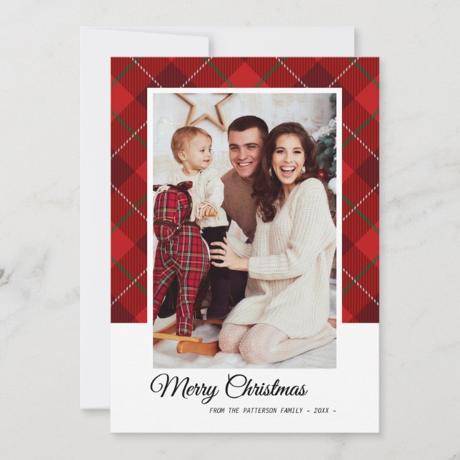 Tarjeta Ferry Christmas Family Photo Red Tartan Style (Anverso)
