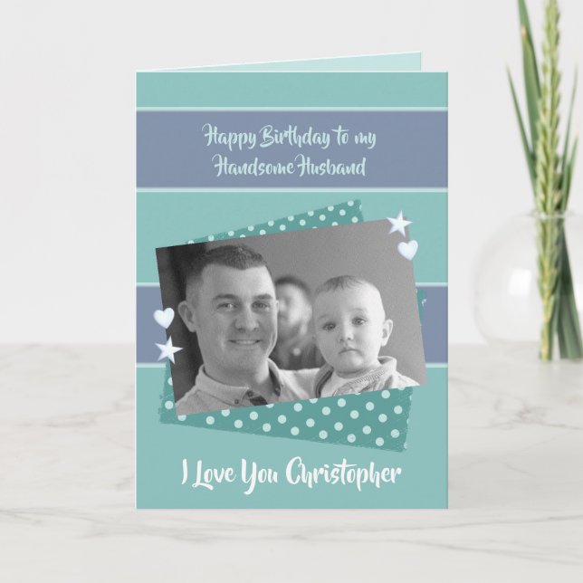 Tarjeta Festejo de fotos de cumpleaños verde y morado de m (Anverso)