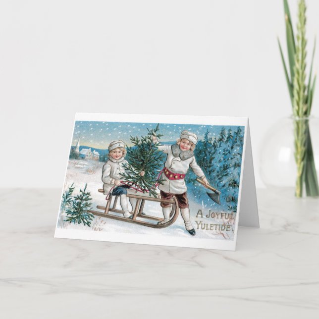 Tarjeta Festiva 030 Vintage Christmas Card Niños Sled Tree Snow (Anverso)