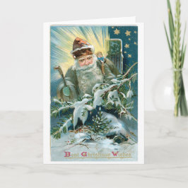 Tarjeta Festiva 046 Vintage Christmas Card Santa Claus Stars Tree