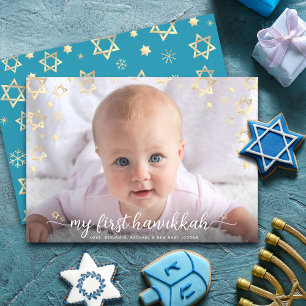 Tarjeta Festiva 1ª Foto de bebé en Hanukkah con guión y Estrella d