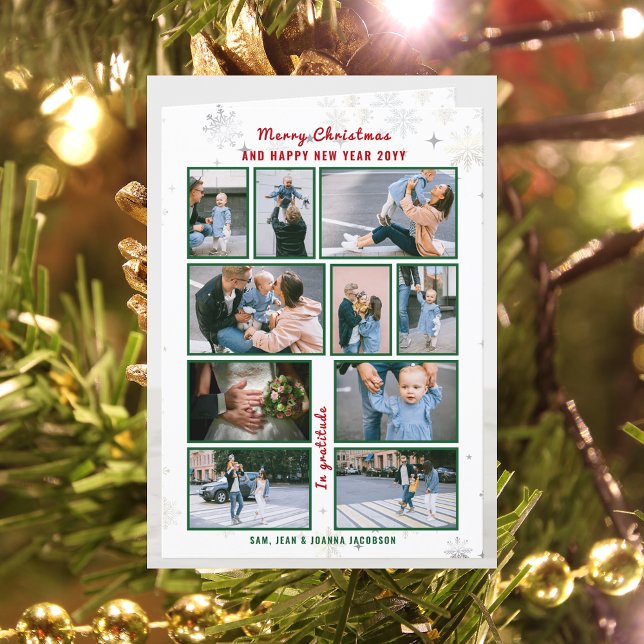 Tarjeta Festiva 10 Fotos Carta Collage Cute Elegante Personalizada (Merry Christmas & Happy New Year, In Gratitude Modern Cute 10 Photos Collage What a Year Long Letter)