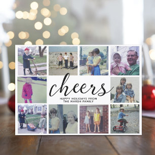 Tarjeta Festiva 10 Photo Collage Cheers with Black Gray Stripes