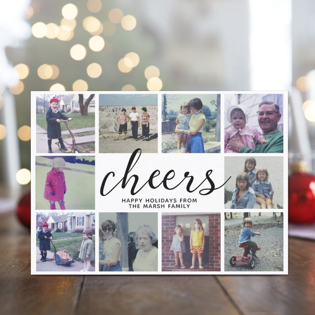 Tarjeta Festiva 10 Photo Collage Cheers with Black Gray Stripes (10 Photo Holiday Greeting Card)