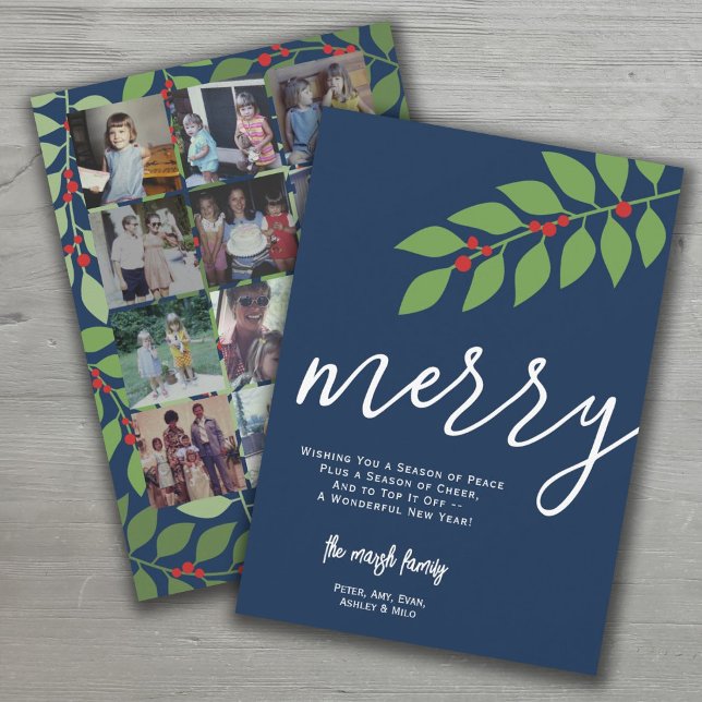Tarjeta Festiva 12 Collage de fotos - Merry Script - Navy Botanica (Subido por el creador)