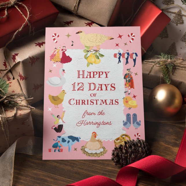 Tarjeta Festiva 12 Days of Christmas Retro Mid-Century Traditional (On this whimsical card, "12 Days of Christmas" images appear against a pastel pink background.)