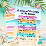 Tarjeta Festiva 12 días de Navidades en el Beach Retro Tropical<br><div class="desc">Jingle hasta la orilla con esta carta de "12 días de Navidades en la playa". Esta tarjeta le da un toque tropical divertido al tradicional villancico y captura el encanto costero de la playa. Esta tarjeta, que muestra obras de arte originales, está llena de humor navideño que seguramente traerá una...</div>