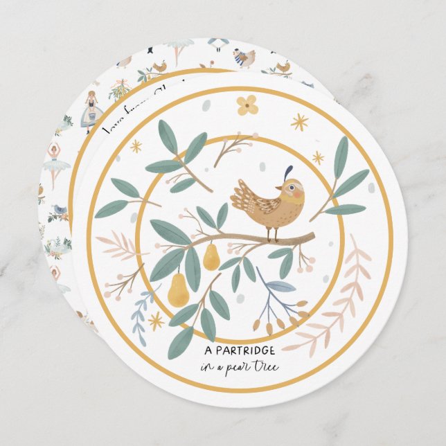 Tarjeta Festiva 12 días de perdiz de Navidades en un árbol de pera (Anverso / Reverso)