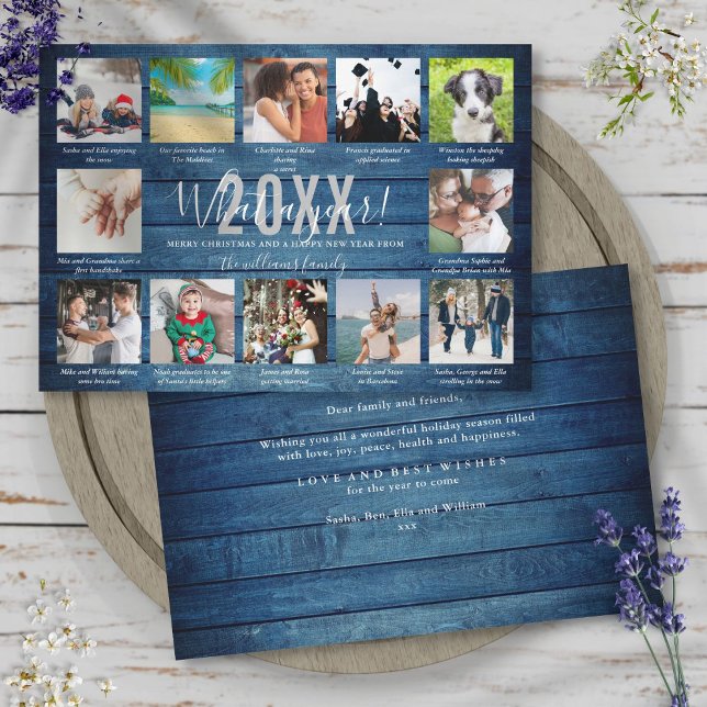 Tarjeta Festiva 12 Leyendas De Collage de fotos Qué Un Año Madera  (12 Photo Collage Captions What A Year Blue Wood Holiday Card)