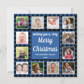 Tarjeta Festiva 12 Photo Collage Blue Buffalo Plaid Merry Christma