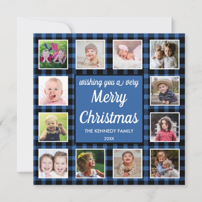 Tarjeta Festiva 12 Photo Collage Blue Buffalo Plaid Merry Christma (Anverso)