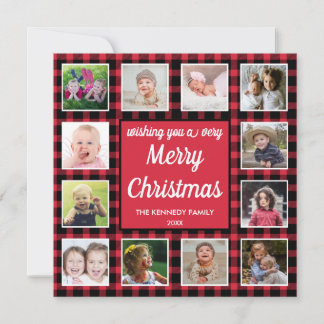 Tarjeta Festiva 12 Photo Collage Red Buffalo Plaid Merry Christmas