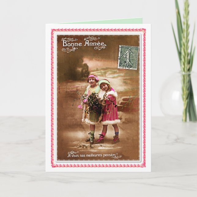 Tarjeta Festiva 1910 Felices Año Nuevo francesas de 2 niñas lindas (Anverso)