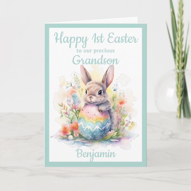 Tarjeta Festiva 1.ᵉʳ Abuelo de Pascua Bunny Egg Blue (Anverso)