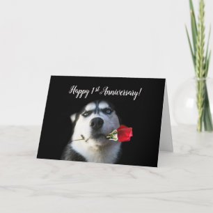 Tarjeta Festiva 1.ᵉʳ Aniversario Cute Husky y Amor Rosa