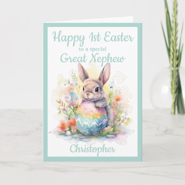 Tarjeta Festiva 1.ᵉʳ Gran Sobrino de Pascua, conejillo de huevo az (Anverso)