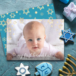 Tarjeta Festiva 1.ᵉʳ Hanukkah Baby Photo Script Gold Star of David