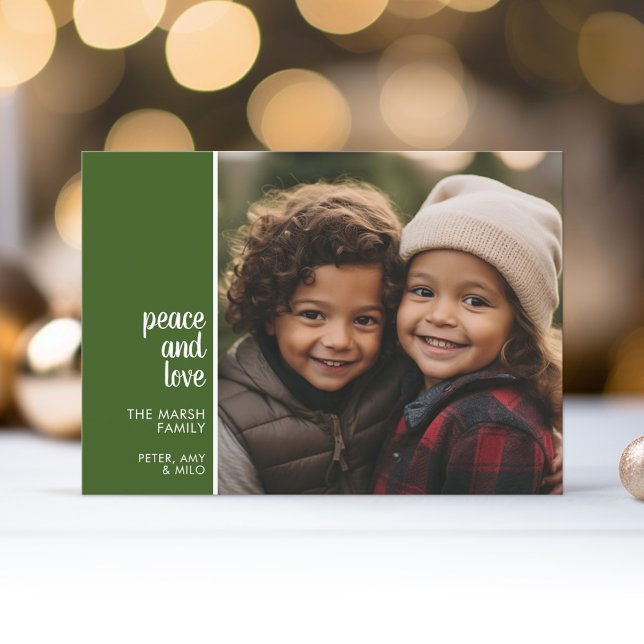 Tarjeta Festiva 1 Collage de fotos Navidades mínimos paz verde amo (1 Photo Modern Christmas Card - mod Calligraphy - green background - download option available)