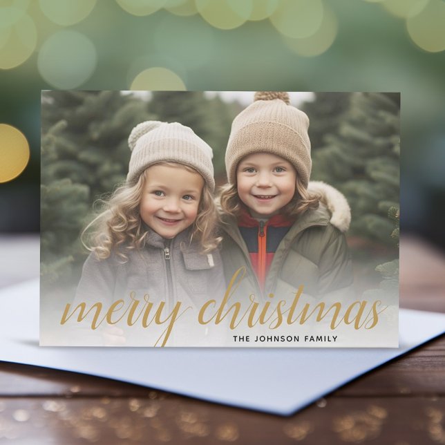 Tarjeta Festiva 1 Foto Merry Christmas Script Gold Damask (Add 1 photo to this festive Christmas Photo Card with 1 large photo and a modern script type.)