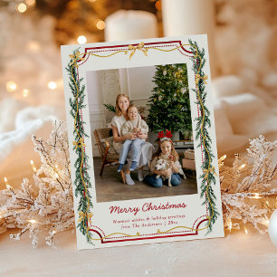 Tarjeta Festiva 1 foto Navidades botánicos oliage Gold Bows