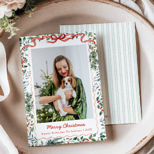Tarjeta Festiva 1 Foto Navidades caprichosos verde Coquette Bow