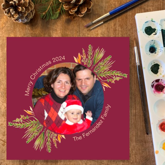 Tarjeta Festiva 1 Foto redonda Acuarela Pina Escritura Religiosa (Hand painted watercolor template for your Christmas holiday photo greeting card. Custom Bible Verse)