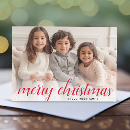 Tarjeta Festiva 1 Foto Script Merry Christmas Damasco Rojo