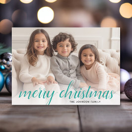 Tarjeta Festiva 1 Foto Script Merry Christmas Damask Teal
