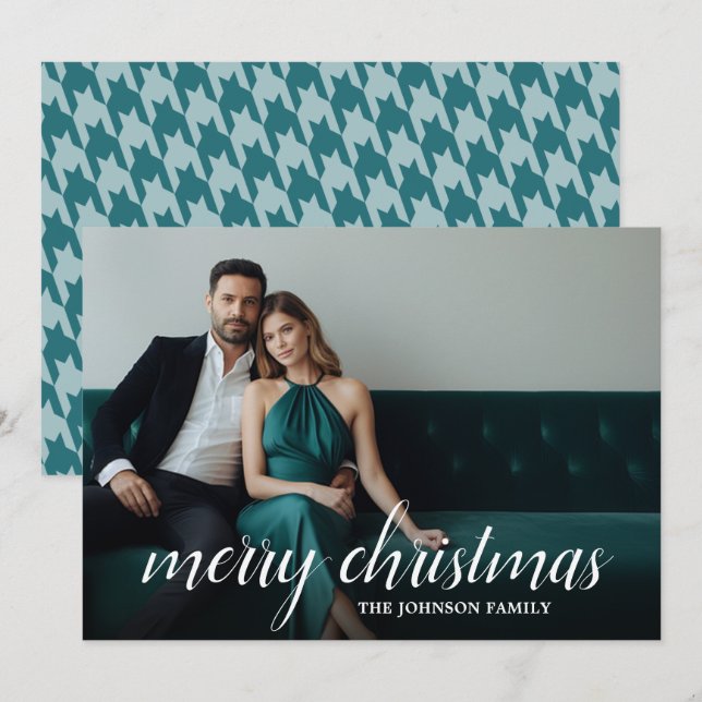 Tarjeta Festiva 1 Foto Script Merry Christmas Houndstooth  (Anverso / Reverso)