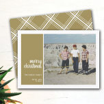 Tarjeta Festiva 1 Photo Collage Minimal Christmas gold Christmas<br><div class="desc">Farmhouse pastel gold Plaid Pattern on the back - A simple,  minimalist Holiday greeting with 1 square photo and modern calligraphy. Crop your photos into squares before uploading.</div>