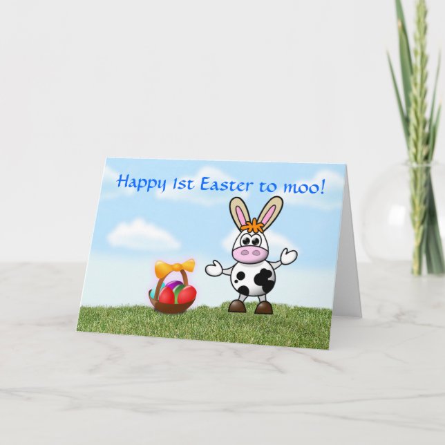 Tarjeta Festiva 1ra Pascua feliz con pascua del bebé de la vaca (Anverso)
