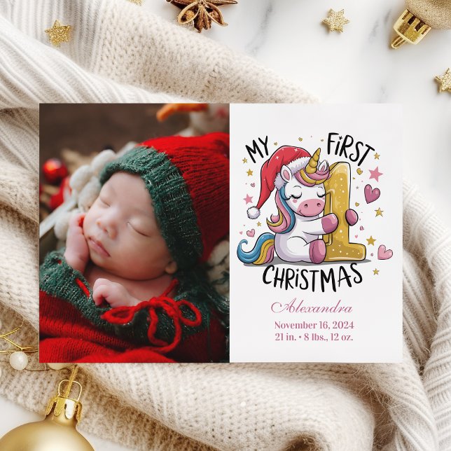 Tarjeta Festiva 1st Baby Christmas Photo  Pink Gold Unicorn (Subido por el creador)