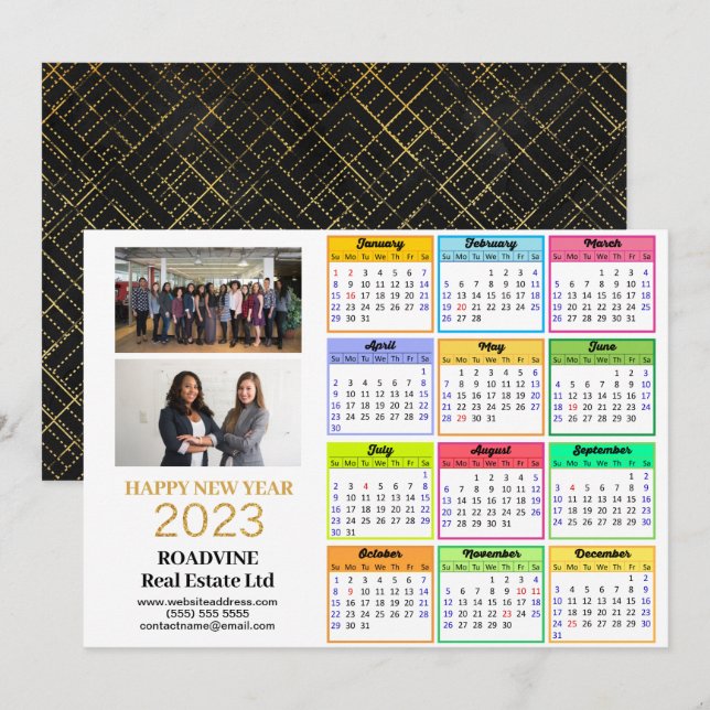 Tarjeta Festiva 2023 Business 2 Photo Modern Gold Script Calendar (Anverso / Reverso)