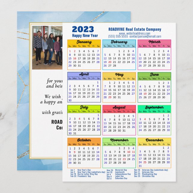 Tarjeta Festiva 2023 Calendario Anual Moderno Foto Azul Corporativ (Anverso / Reverso)