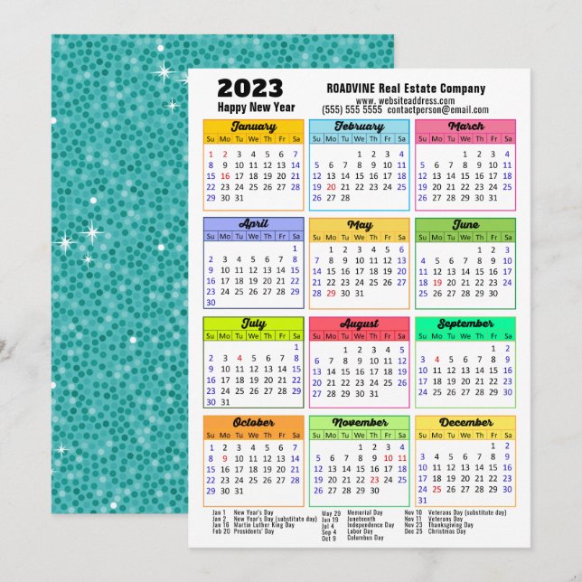 Tarjeta Festiva 2023 Calendario Mint Green Purpurina Modern Busine (Anverso / Reverso)